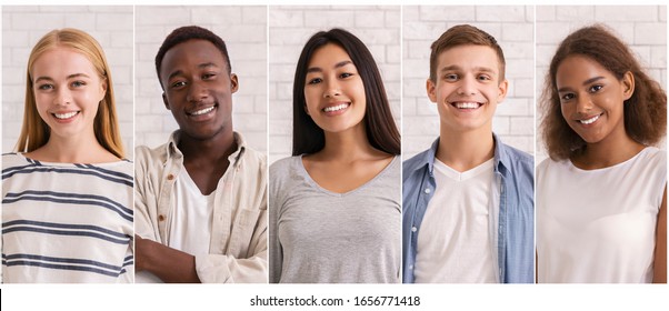 International teenagers society. Composite image of smiling international teenagers photos over white brick wall, panorama