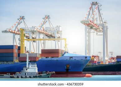 International Transportation Shipping, Tugboats assisting container cargo ship to harbor,  Logistic Import Export background concept. - Shutterstock ID 436730359