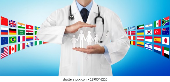 International Travel Medical Insurance Concept, Doctor's Hands Protect A Family Icon, On Blue Background With Flags