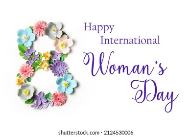 International Woman's Day Card With Floral Design On White Background. Paper Art And Handcrafting. Flower Pattern. Eights Of March