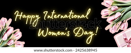 International Women's Day. March 8. Tulip flowers isolated on black background. Bouquet. Holiday. Congratulation. Banner Image For Website, Desktop Wallpaper.