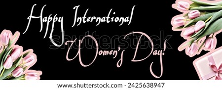International Women's Day. March 8. Tulip flowers isolated on black background. Bouquet. Holiday. Congratulation. Banner Image For Website, Desktop Wallpaper.