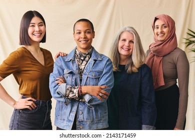 International Women's Day Portrait Of Cheerful Multiethnic Mixed Age Range Women Smiling Towards The Camera