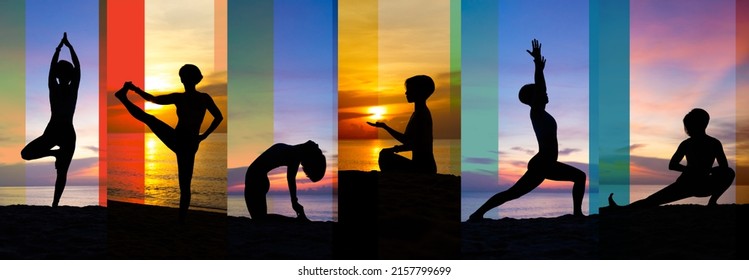 International yoga day banner poster, Silhouette of healthy and beautiful woman doing asana poses with sunrise on twilight blue vibrant sky and calm sea in background. Colorful, Wallpaper, Variation.