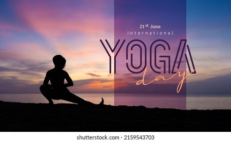 International yoga day banner poster, Silhouette of healthy and beautiful woman doing asana poses with sunrise on twilight blue vibrant sky and calm sea in background with graphic letters. Backdrop
