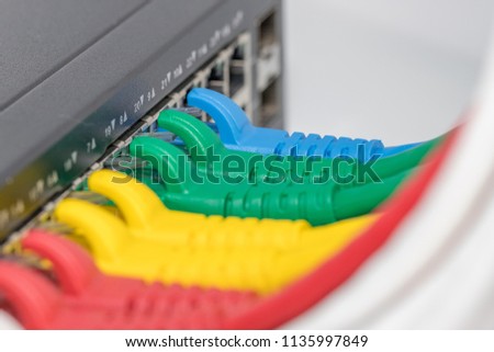 Interner network,Lan cables connected in network switche hub.