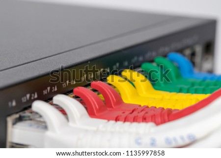Interner network,Lan cables connected in network switche hub.