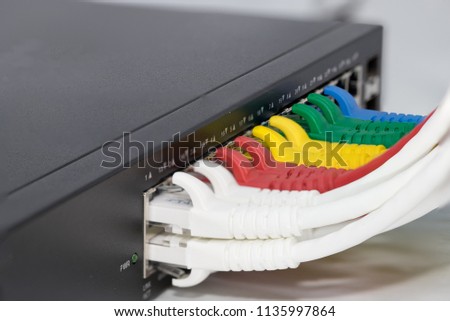 Interner network,Lan cables connected in network switche hub.