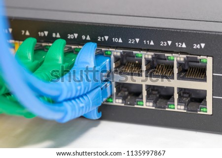 Interner network,Lan cables connected in network switche hub.