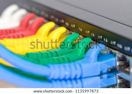 Interner network,Lan cables connected in network switche hub.