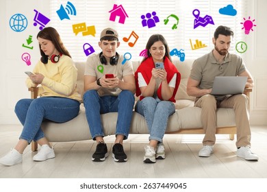 Internet addicted friends using gadgets instead of spending time together in room. Different icons around them