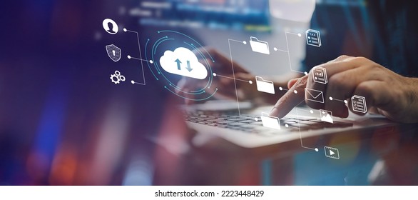 Internet cloud computing technology and online data storage for transferring backup file. Document Management System (DMS) with FTP (File Transfer Protocol) for information technology (IT) banner. - Powered by Shutterstock