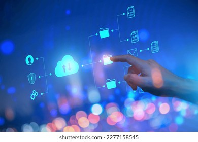 Internet cloud computing technology and online data storage for transferring backup file. Document Management System (DMS) with FTP (File Transfer Protocol) for information technology.