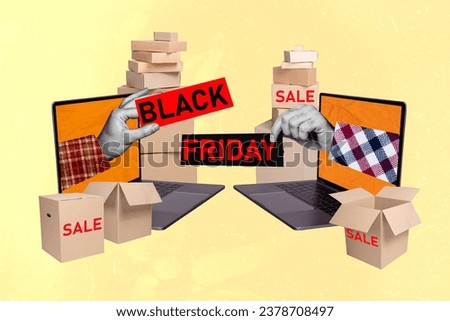 Internet commerce for best deals ever collage illustration two laptops black friday sale with pile carton box isolated on yellow background
