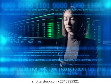 Internet company manager. Woman in server room. Binary IT code near businesswoman. Woman invests in it technologies. Telecom IT manager. Engineer sets up server hardware. Datascience specialist