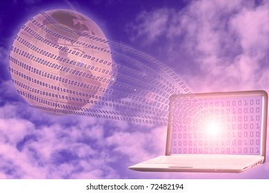 internet concept: binary code floating from laptop to globe