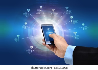 Internet concept of smart phone searching to connect to wifi wireless network