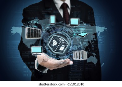 Internet concept of wireless network over computer, gadget, smart phone and server. Mixed media.
