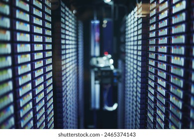 Internet connection, data center and server room for network infrastructure and lights of computer engineering. Cloud computing, IT support or cybersecurity, neon and software for company information