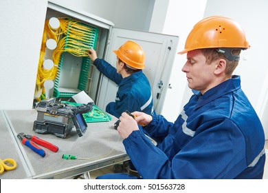 Internet Connection. Fiber Optic Cable Splice Machine In Work