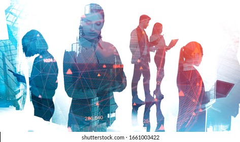 Internet Connection And Hi Tech Start Up Concept. Silhouettes Of Business People Working Together In City With Double Exposure Of Blurry Network Interface. Toned Image