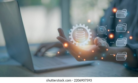 Internet connection virtual screen user Document, database and process management system to manage files online efficiently. - Shutterstock ID 2206907593