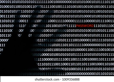 Internet, cyber or computer security concept with binary code and password text, hand stealing password
