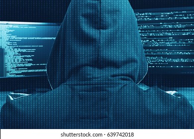 Internet cyber crime concept. Hacker working on a code on dark digital background.