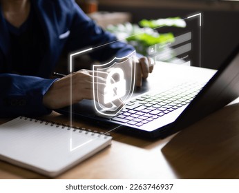 Internet cyber security concept, user privacy and password encryption login internet access online technology in laptops. Padlock screen with lock sign. - Shutterstock ID 2263746937