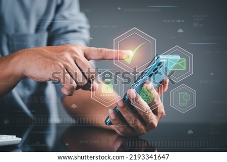 Internet cybersecurity concept, online cyber security, young man pointing to icon. Indicates the correct login through a high-security network.