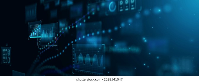Internet cyberspace data information collection analytical statistics computer storage ai artificial intelligence calculation, blue background banner copyspace.