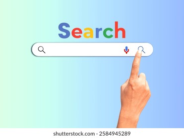 Internet Data Networking Search Box with Hand Pointing for Online Browsing. web search, internet research, and digital navigation. Perfect for SEO, search engine, and technology concepts.  - Powered by Shutterstock - Get 15% off with code: PIKWIZARD15