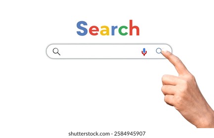 Internet Data Networking Search Box with Hand Pointing for Online Browsing,  web search, internet research, and digital navigation. Perfect for SEO, search engine, and technology concepts. - Powered by Shutterstock - Get 15% off with code: PIKWIZARD15