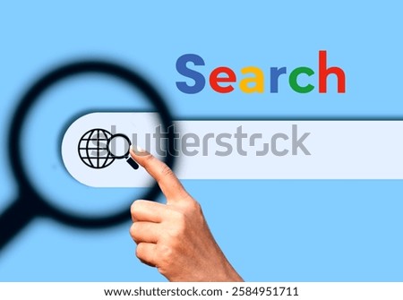 Internet Data Networking Search Box with Hand Pointing for Online Browsing, SEO, internet browsing, online research, and web technology representation. Perfect for digital marketing and web design.