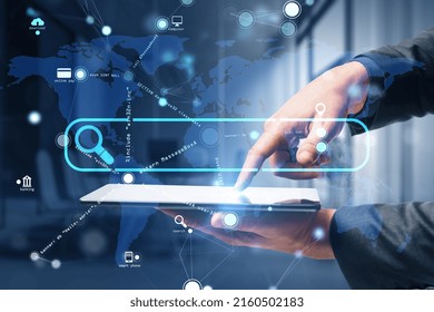 Internet data search and global information network concept with man finger touches digital tablet screen and digital search bar on world map background