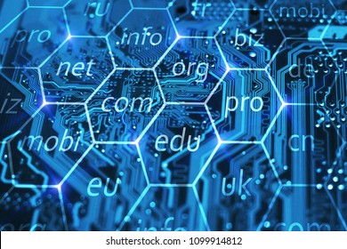 Internet domain name registration. Online url address for business company. Com, biz, info, edu and other domains in hexes on integrated circuit. - Shutterstock ID 1099914812