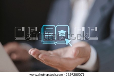 Internet education concept, e-learning resources, e-library, e-book, distant online courses. Businessman using laptop e-book icons on virtual screen.