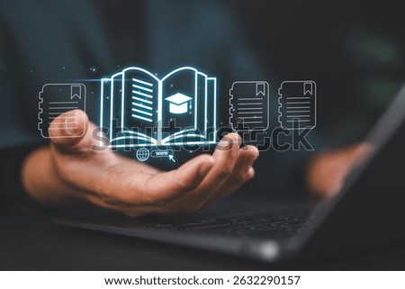 Internet education concept, e-learning resources, e-book, distant online courses, e-library. Businessman using laptop e-book icons on virtual screen.