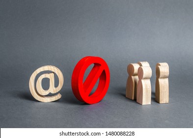An internet email symbol and a group of people are separated by a red prohibitory symbol No. restrictions on access to the global Internet. Censorship. Information control, society isolation policy