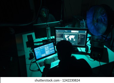 Internet fraud, darknet, data thiefs, cybergrime concept. Hacker attack on government server. Dangerous criminals coding virus programs.