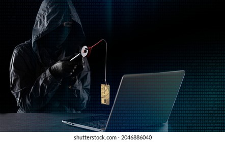 Internet Fraud Using Computer Technology, Stealing Money On The Internet, Stealing Credit Card Data. Hacker With A Fishing Rod, Hacker Caught A Credit Card With A Fishing Rod.