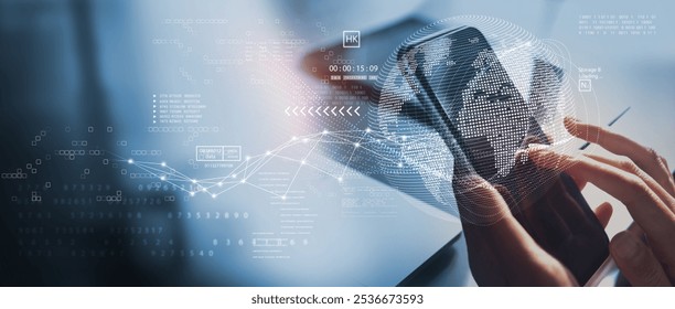 Internet global network and data science concept. Digital transformation. Using smart phone with internet network connection technology and data exchange, IoT Internet of Things
