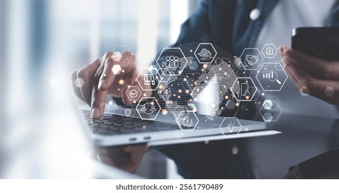 Internet global network, digital technology, SaaS Software as a Service. Software engineer using laptop computer with global network connection, customer service and data management technology