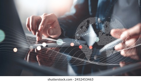 Internet global network technology, digital software development future tech background. Person using digital tablet and laptop computer with global internet network connection, digital transformation