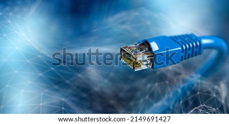 Internet LAN network connection ethernet cable. Internet cord RJ45 on blue abstract background. 3d illustration