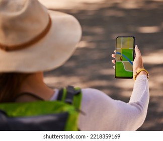 Internet Map, Phone And Woman In Nature For Adventure, Travel And Hiking On Holiday In Costa Rica. Back Of Person With A Gps Location On A Mobile While Walking Or Trekking In The Mountains Or Forest