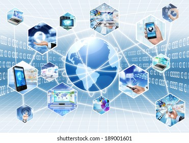 Internet multimedia concept with all gadget and computers connected to each other