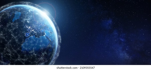 Internet Network Around Earth For Telecommunications, Blockchain, 5G Cellular Data Connection, IoT, World Finance Or Smart Cities. Global Satellite Communications, Space. Elements From NASA