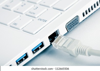 Internet Network cables are connected to computer. Shallow depth-of-field.