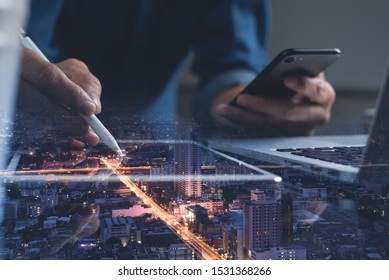Internet network communication, digital software technology development, GPS location searching. Double exposure of software developer using smart phone, digital tablet, laptop computer and smart city